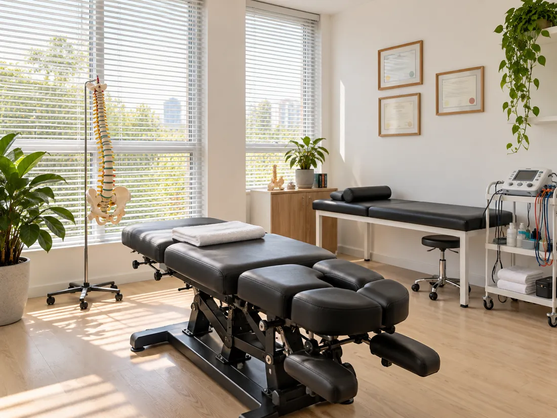Sala de atendimento do consultório, com maca de quiropraxia e luz natural