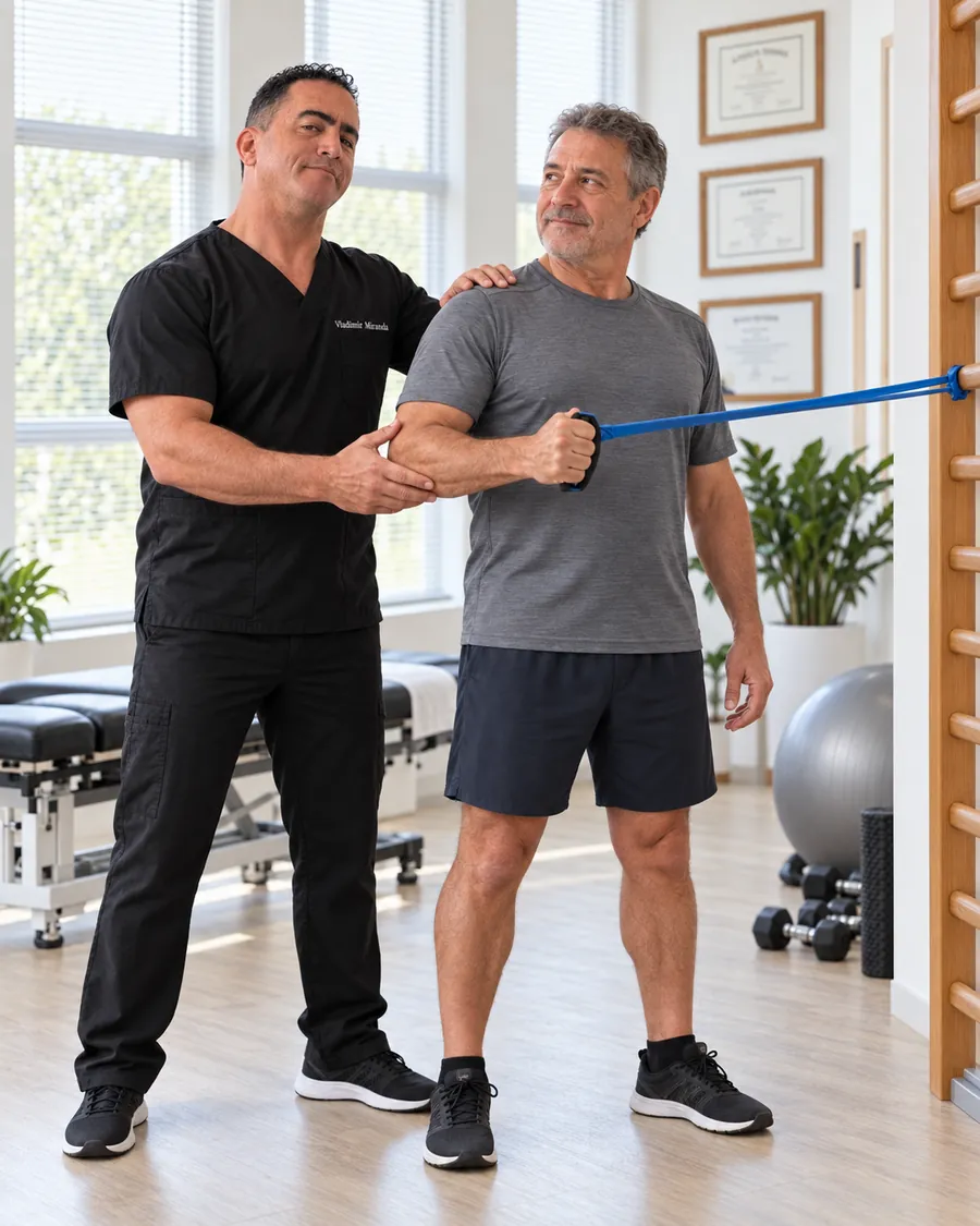 Vladimir orientando um paciente em pé num exercício de ombro com faixa elástica