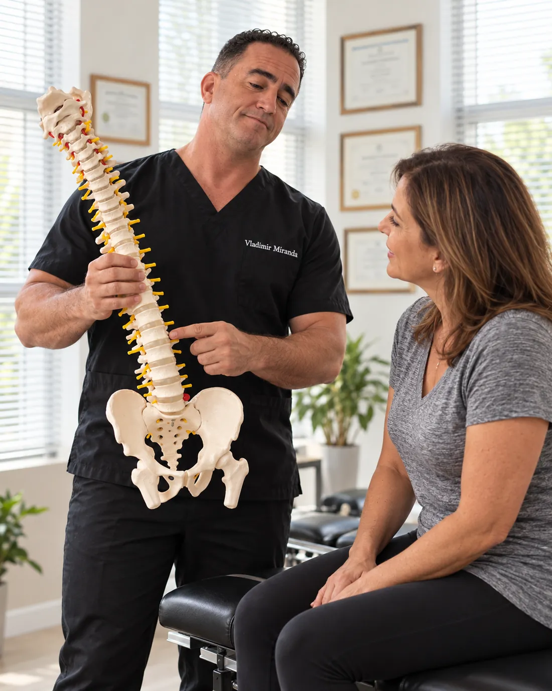 Vladimir explicando a coluna vertebral para uma paciente durante a consulta